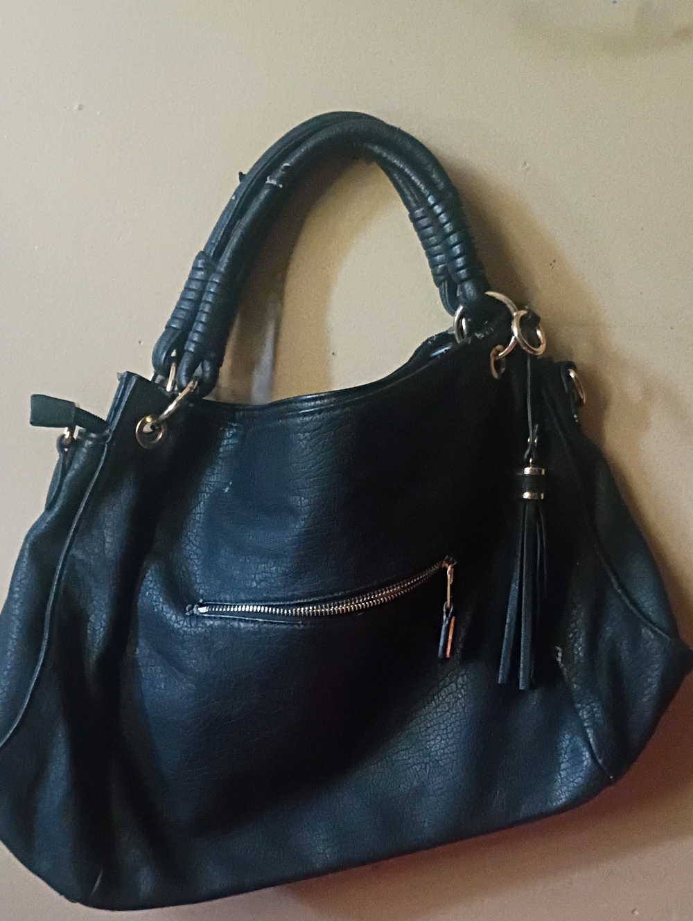 Moda Luxe Black Shoulder Tote with Tassel Accent